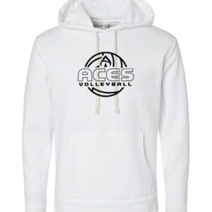 A white hoodie with a black logo on it.