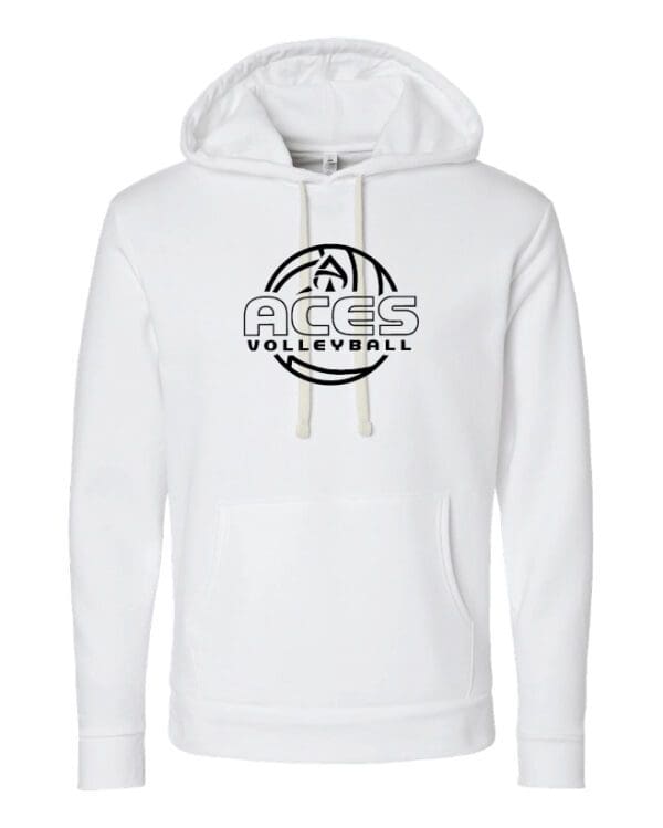 A white hoodie with a black logo on it.