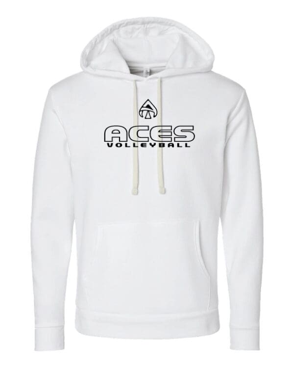 A white hoodie with the word ace's on it.