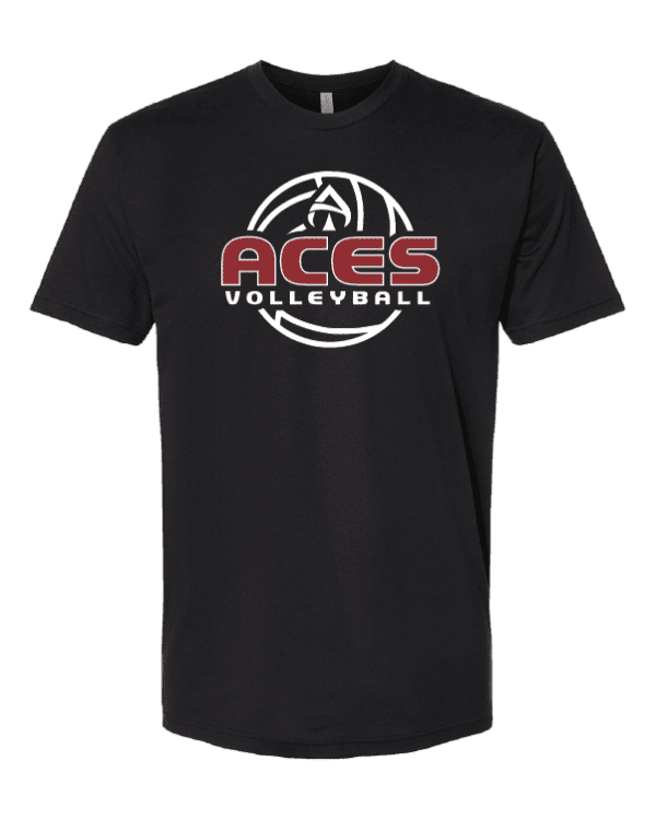ACES Volleyball black tee with red logo on it.
