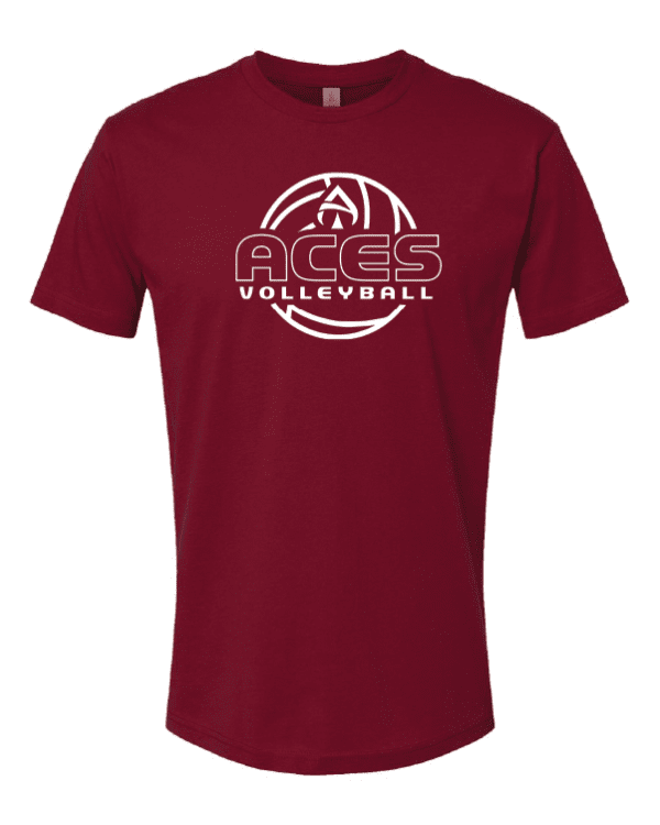ACES Volleyball cardinal tee with white logo on it.