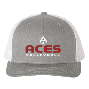 ACES snapback trucker hat's volleyball logo on a grey and white trucker hat.